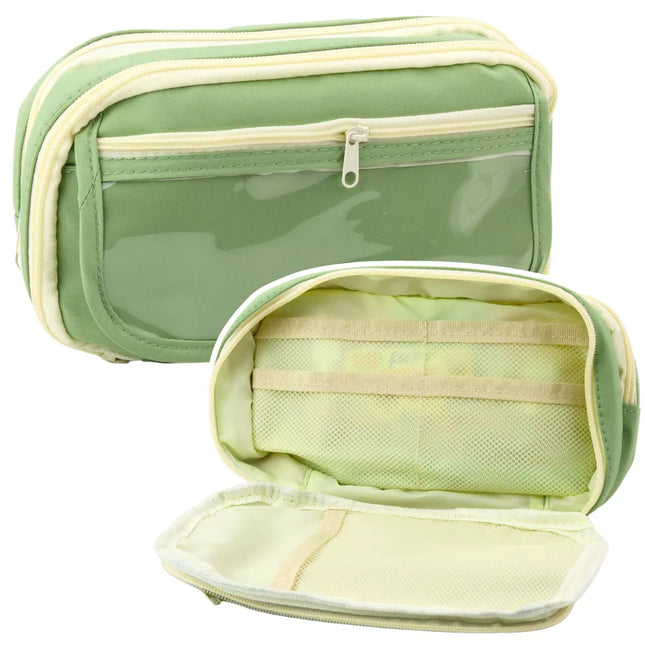 Dvipusis penalas mokyklai su kišenėmis, talpus, žalias, 22 cm