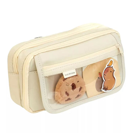 Mokyklinis dviejų skyrių penalas su kišenėlėmis ir priedais, Kapibara, 21x12 cm