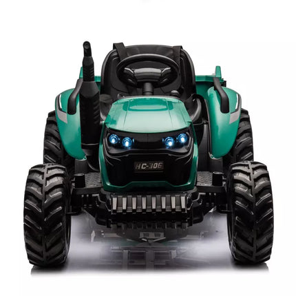 HC-306 Žaislinis traktorius su priekaba, maitinamas baterijomis, tamsiai žalios spalvos, 24 V