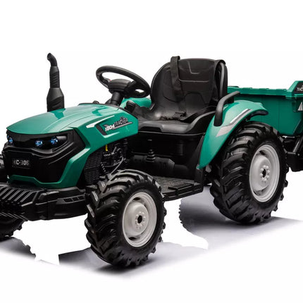 HC-306 Žaislinis traktorius su priekaba, maitinamas baterijomis, tamsiai žalios spalvos, 24 V