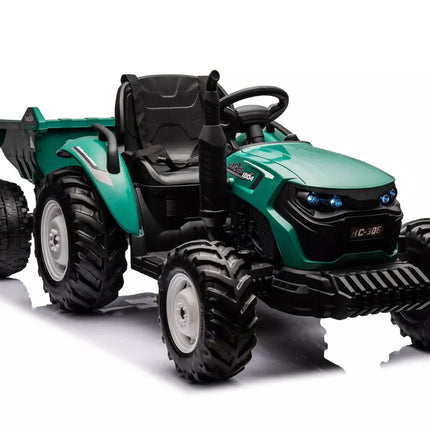 HC-306 Žaislinis traktorius su priekaba, maitinamas baterijomis, tamsiai žalios spalvos, 24 V