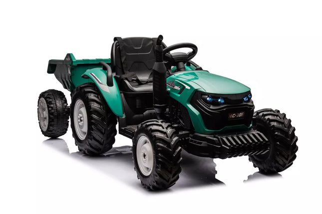 HC-306 Žaislinis traktorius su priekaba, maitinamas baterijomis, tamsiai žalios spalvos, 24 V