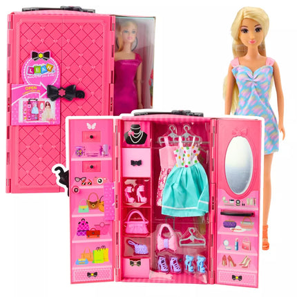 Lėlė su drabužine ir aksesuarais, rožiniai drabužiai, mados suknelių rinkinys