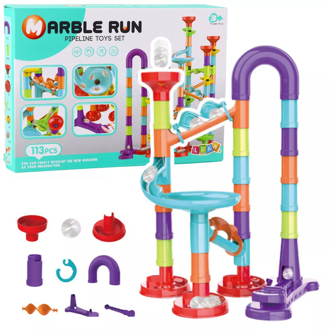 Spalvinga kamuoliukų tako konstravimo rinkinys su čiuožyklomis