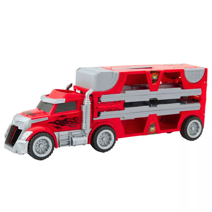 Sulankstomas sunkvežimio rinkinys su lenktynių trasa ir 6 automobiliais