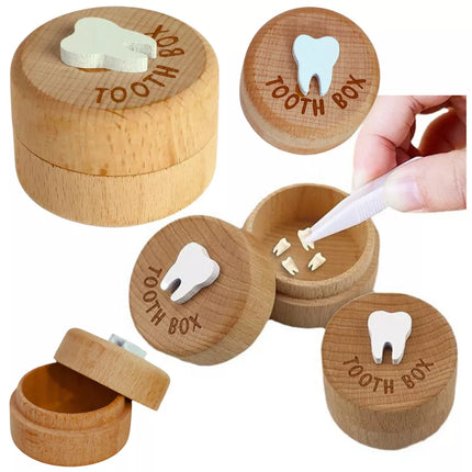 Medinė dėžutė vaiko pieniniams dantukams su graviruotu danties simboliu