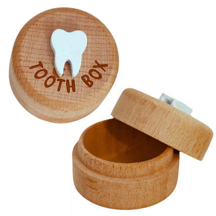 Medinė dėžutė vaiko pieniniams dantukams su graviruotu danties simboliu