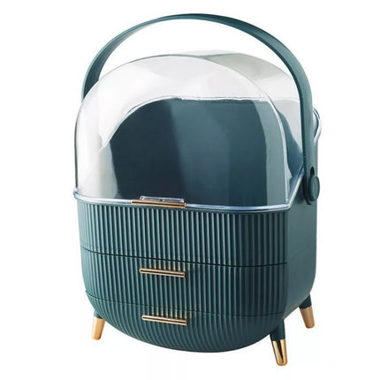 Kosmetikos organizatorius atidaromas dangtis skaidrus du stalčiai žalias