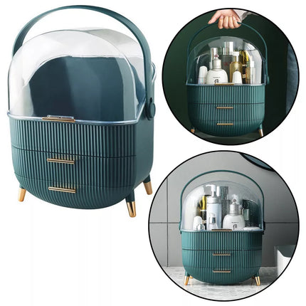 Kosmetikos organizatorius atidaromas dangtis skaidrus du stalčiai žalias