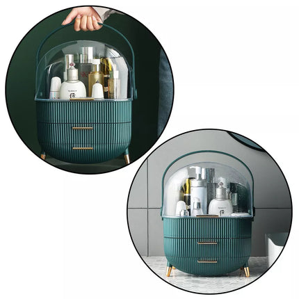 Kosmetikos organizatorius atidaromas dangtis skaidrus du stalčiai žalias