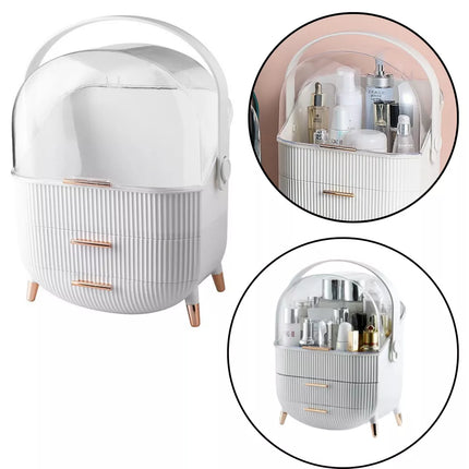 Kosmetikos organizatorius su atidaromu dangteliu, skaidrus, su dviem stalčiais, baltas