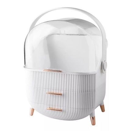 Kosmetikos organizatorius su atidaromu dangteliu, skaidrus, su dviem stalčiais, baltas