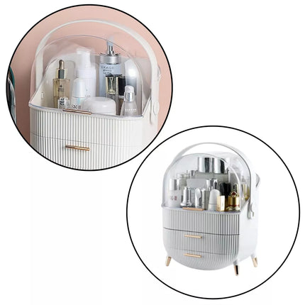 Kosmetikos organizatorius su atidaromu dangteliu, skaidrus, su dviem stalčiais, baltas