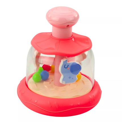 Karuselė-žaislas su kamuoliukais ir gyvūnais: begemotu, liūtu, beždžione, rožinė