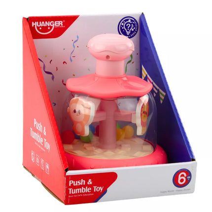 Karuselė-žaislas su kamuoliukais ir gyvūnais: begemotu, liūtu, beždžione, rožinė