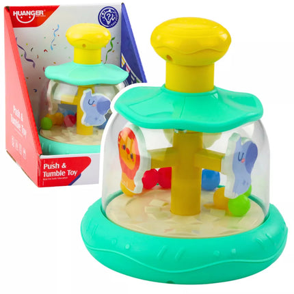 Karuselė-žaislas su kamuoliukais ir gyvūnais: begemotas, liūtas, beždžionė, žalia