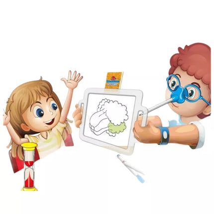 Šeimos žaidimas „Atspėk paveikslėlį“ piešiant ir vaizduojant, tapymas nosimi