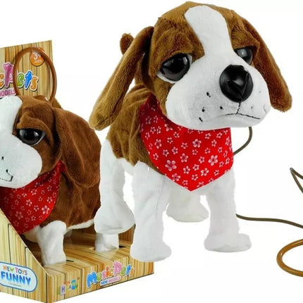 Interaktyvus šuo su pavadėliu, su galvos apdangalu, judina uodegą, dainuoja