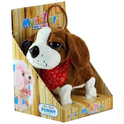 Interaktyvus šuo su pavadėliu, su galvos apdangalu, judina uodegą, dainuoja