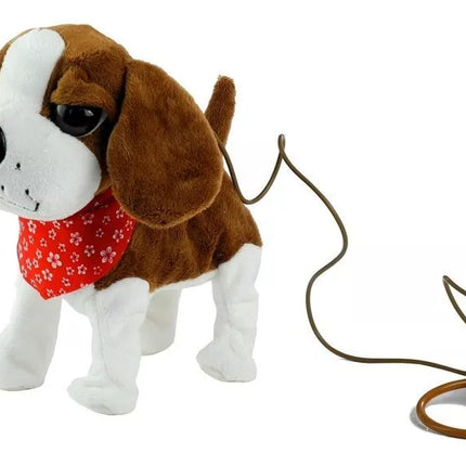 Interaktyvus šuo su pavadėliu, su galvos apdangalu, judina uodegą, dainuoja