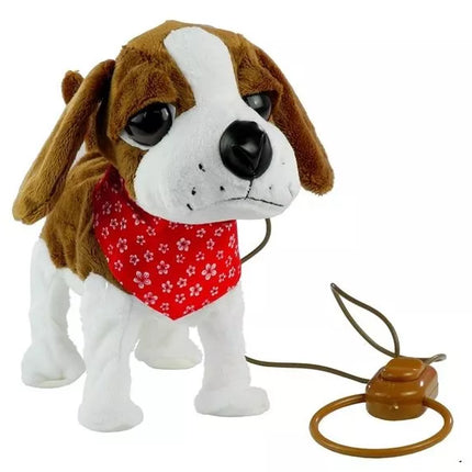 Interaktyvus šuo su pavadėliu, su galvos apdangalu, judina uodegą, dainuoja