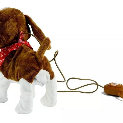 Interaktyvus šuo su pavadėliu, su galvos apdangalu, judina uodegą, dainuoja