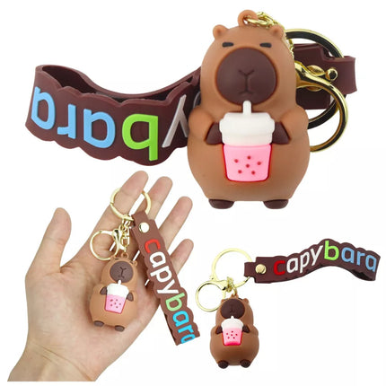 Raktų pakabukas su kapibaros figūrėle, puodelio pakabukas ir karabinas