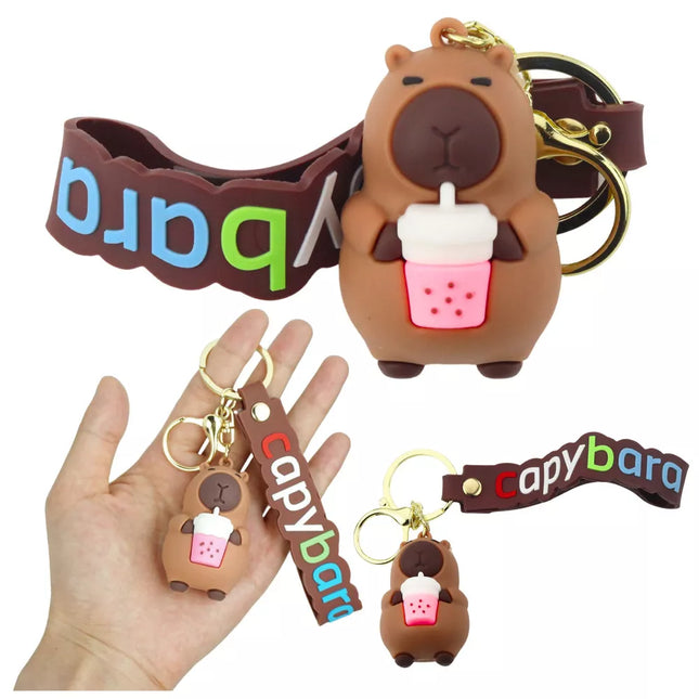 Raktų pakabukas su kapibaros figūrėle, puodelio pakabukas ir karabinas