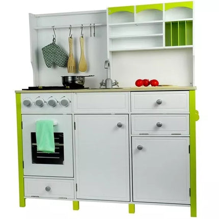 Medinė virtuvėlė vaikams žalia ir balta Paula su atidaromais elementais