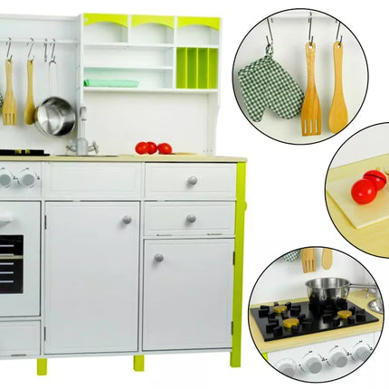 Medinė virtuvėlė vaikams žalia ir balta Paula su atidaromais elementais