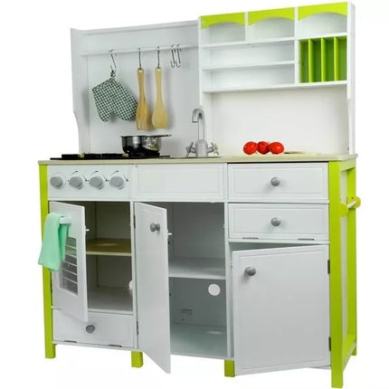 Medinė virtuvėlė vaikams žalia ir balta Paula su atidaromais elementais