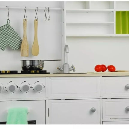 Medinė virtuvėlė vaikams žalia ir balta Paula su atidaromais elementais