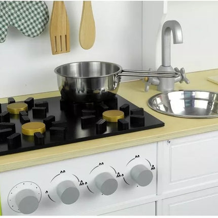 Medinė virtuvėlė vaikams žalia ir balta Paula su atidaromais elementais