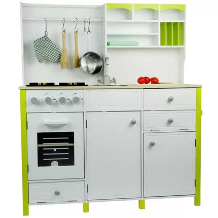 Medinė virtuvėlė vaikams žalia ir balta Paula su atidaromais elementais