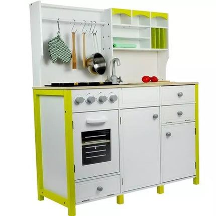 Medinė virtuvėlė vaikams žalia ir balta Paula su atidaromais elementais