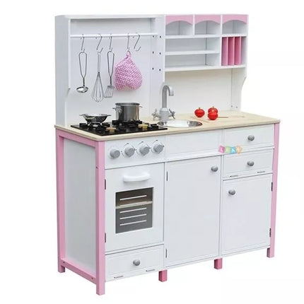 Medinė virtuvėlė vaikams, rožinė ir balta Paula su atidaromais elementais