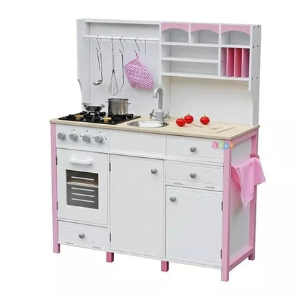 Medinė virtuvėlė vaikams, rožinė ir balta Paula su atidaromais elementais