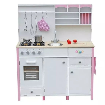 Medinė virtuvėlė vaikams, rožinė ir balta Paula su atidaromais elementais
