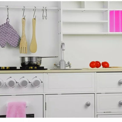 Medinė virtuvėlė vaikams, rožinė ir balta Paula su atidaromais elementais