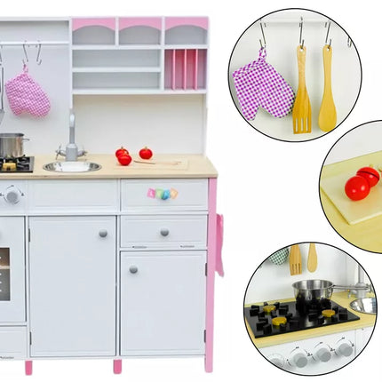 Medinė virtuvėlė vaikams, rožinė ir balta Paula su atidaromais elementais