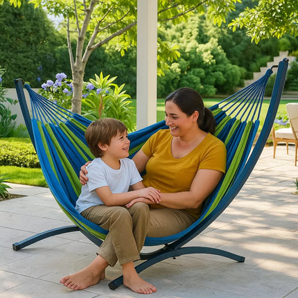 Sodo hamaka su rėmu dviem žmonėms, žalia ir mėlyna, 200x120 cm