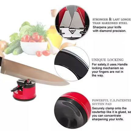 Peilių ir žirklių galąstuvas su siurbtuku ir fiksavimo svirtimi, raudonas