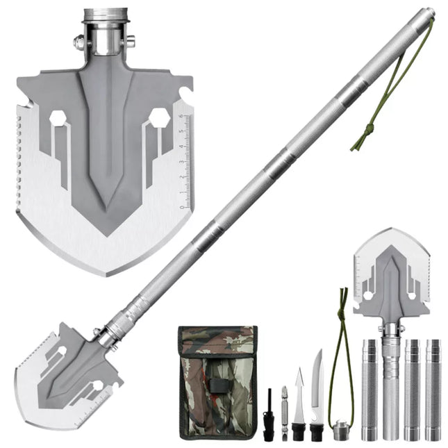 Karinė kastuvė 16 viename Taktiniai išgyvenimo įrankiai: Peilis, Ugnies skeltuvas, Kapoklis