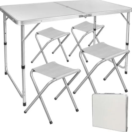 Sulankstomas stovyklavimo stalo komplektas su 4 kėdėmis, pilkas