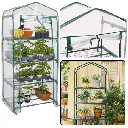 Mini šiltnamis balkono sodui, 4 metalinės lentynos, PVC plėvelė, 69 x 49 x 157cm