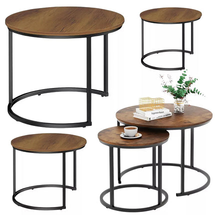 3 viename apvalūs kavos staliukai "Vintage" natūralaus medžio, 51 cm 40 cm 30 cm