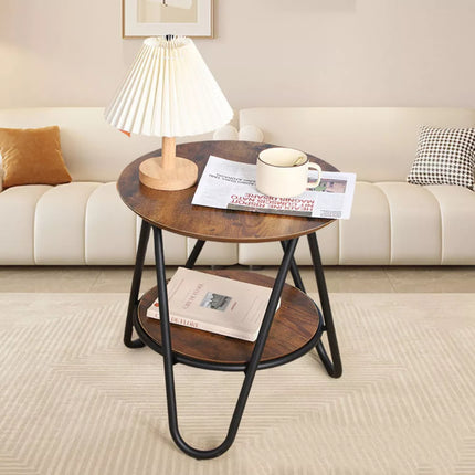 Apvalus kavos staliukas su papildoma lentyna, pramoninis vintažinis, 40x42cm