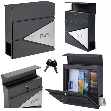 Didysis pašto dėžutė laiškams ir laikraščiams, antracitas, užrašas POST, 37x37x10,5 cm