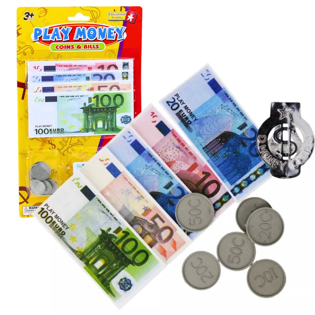 Žaisliniai eurų banknotai, monetos, eurių pakabukas