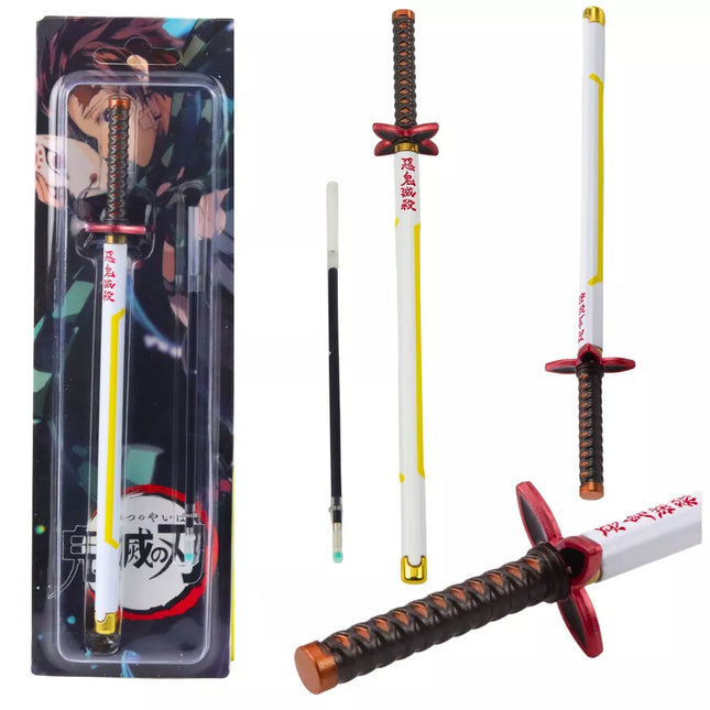 Anime Katana kardas metalinis tušinukas, juodo rašalo, su keičiama šerdelė, baltas ir geltonas